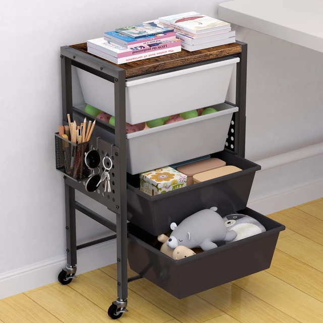 Main image of Rolling Cart with Drawers, Rolling Storage Cart with Large Plastic Drawers & Wooden Tabletop, Utility Cart with Pegboards & Basket, Storage Drawers Cart for Living Room, Classroom, Bedroom, Office