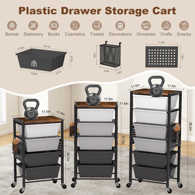 Alt view image 2 of 7 - Rolling Cart with Drawers, Rolling Storage Cart with Large Plastic Drawers & Wooden Tabletop, Utility Cart with Pegboards & Basket, Storage Drawers Cart for Living Room, Classroom, Bedroom, Office