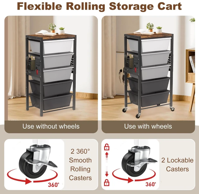 Alt view image 3 of 7 - Rolling Cart with Drawers, Rolling Storage Cart with Large Plastic Drawers & Wooden Tabletop, Utility Cart with Pegboards & Basket, Storage Drawers Cart for Living Room, Classroom, Bedroom, Office
