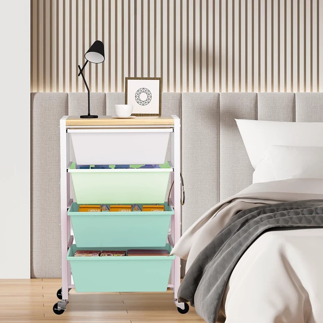 Alt view image 7 of 7 - Rolling Cart with Drawers, Rolling Storage Cart with Large Plastic Drawers & Wooden Tabletop, Utility Cart with Pegboards & Basket, Storage Drawers Cart for Living Room, Classroom, Bedroom, Office