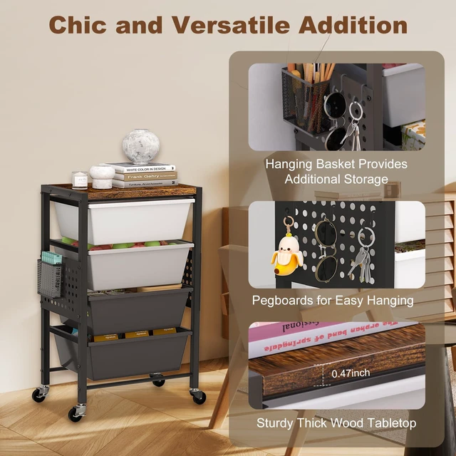 Alt view image 5 of 7 - Rolling Cart with Drawers, Rolling Storage Cart with Large Plastic Drawers & Wooden Tabletop, Utility Cart with Pegboards & Basket, Storage Drawers Cart for Living Room, Classroom, Bedroom, Office