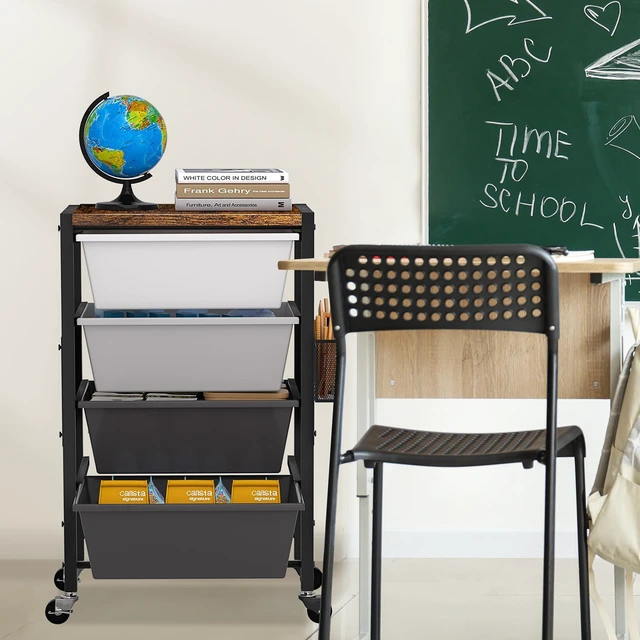 Alt view image 6 of 7 - Rolling Cart with Drawers, Rolling Storage Cart with Large Plastic Drawers & Wooden Tabletop, Utility Cart with Pegboards & Basket, Storage Drawers Cart for Living Room, Classroom, Bedroom, Office