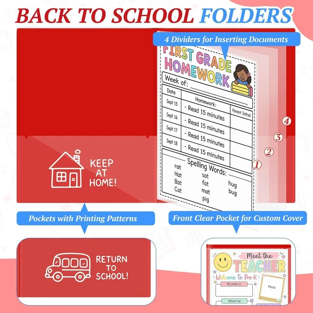 Alt view image 3 of 7 - 12 Pcs Take Home Folders for Elementary Students,Homework Folders Red,11.81 x 9.45 In,Back to School 2 Pocket Folders,Parent Teacher Communication Folders,Clear Front Pocket 4 Inner Pocket