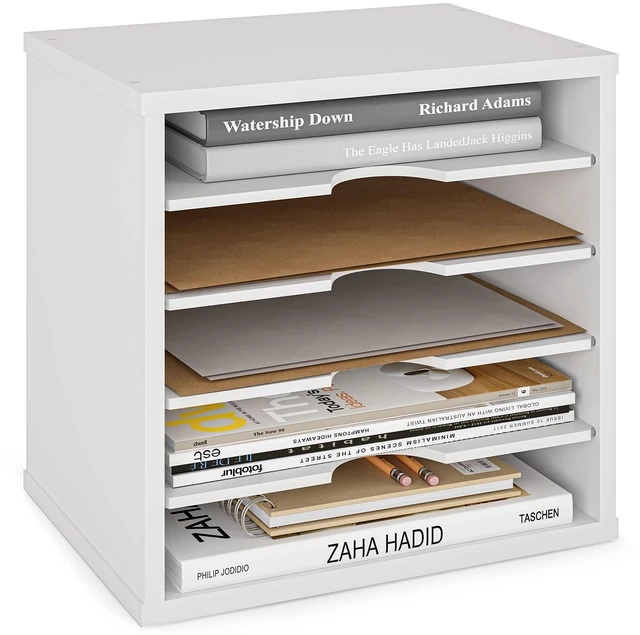 Main image of File Organizer Paper Sorter, 5 Tier Adjustable Shelves Office Desk Organizer, 13 5/8" x 9 1/4" x 12", White