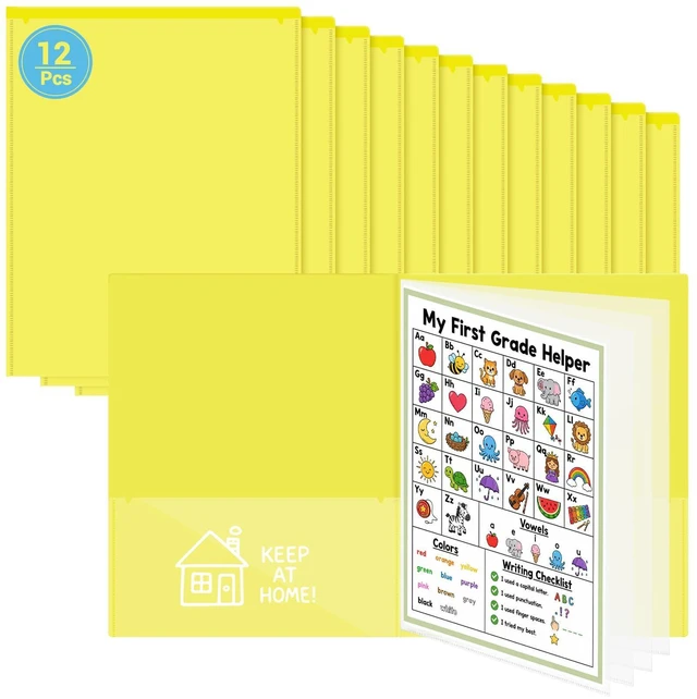 Main image of 12 Pcs Take Home Folders for Elementary Students,Homework Folders Yellow,11.81 x 9.45 In,Back to School 2 Pocket Folders,Parent Teacher Communication Folders,Clear Front Pocket 4 Inner Pocket