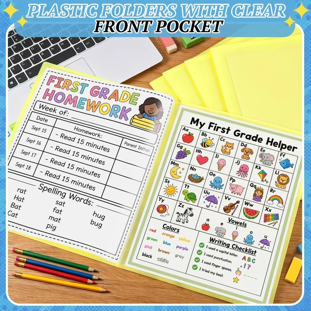 Alt view image 5 of 7 - 12 Pcs Take Home Folders for Elementary Students,Homework Folders Yellow,11.81 x 9.45 In,Back to School 2 Pocket Folders,Parent Teacher Communication Folders,Clear Front Pocket 4 Inner Pocket