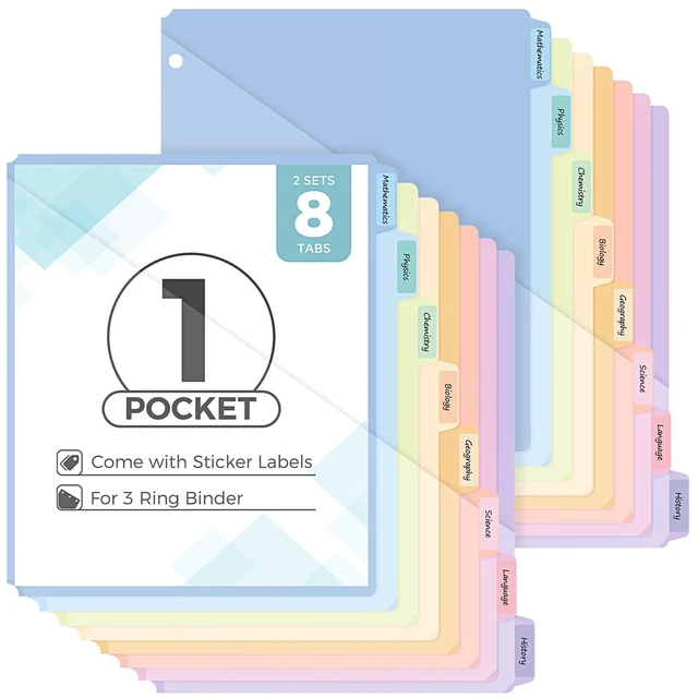 Main image of 8 Tabs Dividers with 1 Clear Pocket, Durable Plastic Binder Dividers Dividers for 3 Ring Binders with Writable Labels,Insertable Lettersize Document Pocket,Organizer for School Office & Home