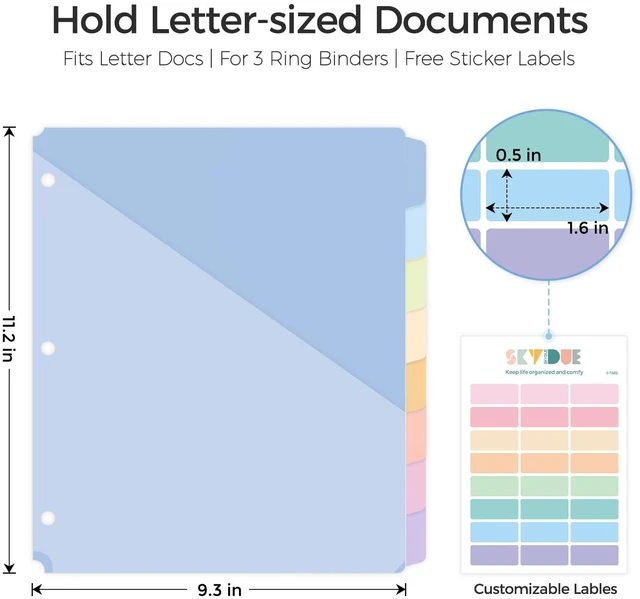 Alt view image 2 of 7 - 8 Tabs Dividers with 1 Clear Pocket, Durable Plastic Binder Dividers Dividers for 3 Ring Binders with Writable Labels,Insertable Lettersize Document Pocket,Organizer for School Office & Home