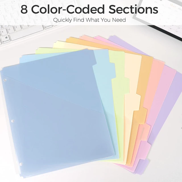 Alt view image 6 of 7 - 8 Tabs Dividers with 1 Clear Pocket, Durable Plastic Binder Dividers Dividers for 3 Ring Binders with Writable Labels,Insertable Lettersize Document Pocket,Organizer for School Office & Home