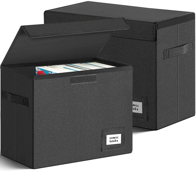 Main image of 2 Pack Collapsible Comic Book Storage Box Black 15.5" X 7.5" X 11.3" Short Comic Book Box with Handles, Holds 150 Comics Heavy Duty Comic Book Bin
