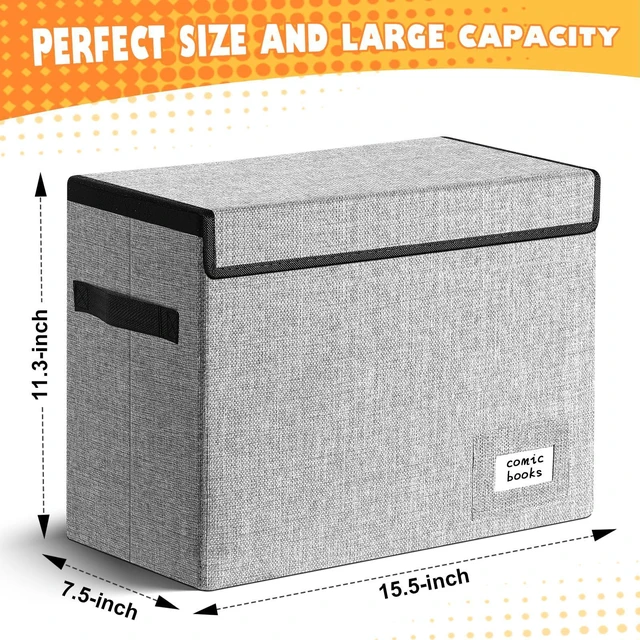 Alt view image 2 of 7 - 2 Pack Comic Book Storage, Comic Book Box 15.5" X 7.5" X 11.3" Collapsible Comic Short Box with Lids Holds 150 Comics Heavy Duty Comic Book Bin Container (Grey)