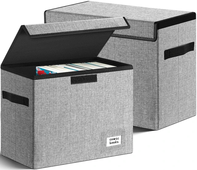 Main image of 2 Pack Comic Book Storage, Comic Book Box 15.5" X 7.5" X 11.3" Collapsible Comic Short Box with Lids Holds 150 Comics Heavy Duty Comic Book Bin Container (Grey)
