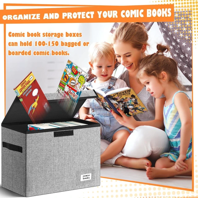 Alt view image 3 of 7 - 2 Pack Comic Book Storage, Comic Book Box 15.5" X 7.5" X 11.3" Collapsible Comic Short Box with Lids Holds 150 Comics Heavy Duty Comic Book Bin Container (Grey)