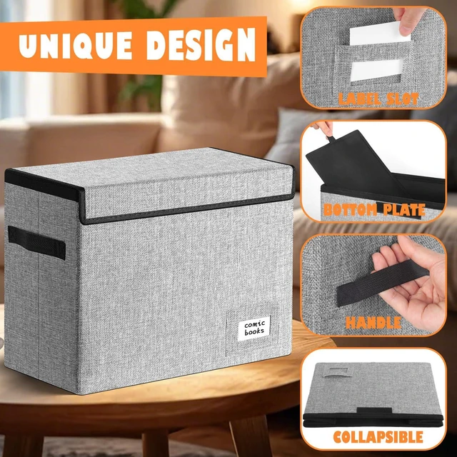 Alt view image 6 of 7 - 2 Pack Comic Book Storage, Comic Book Box 15.5" X 7.5" X 11.3" Collapsible Comic Short Box with Lids Holds 150 Comics Heavy Duty Comic Book Bin Container (Grey)