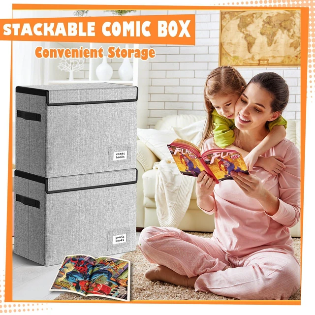 Alt view image 4 of 7 - 2 Pack Comic Book Storage, Comic Book Box 15.5" X 7.5" X 11.3" Collapsible Comic Short Box with Lids Holds 150 Comics Heavy Duty Comic Book Bin Container (Grey)
