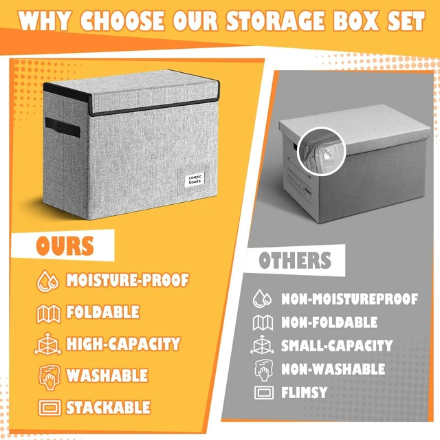 Alt view image 5 of 7 - 2 Pack Comic Book Storage, Comic Book Box 15.5" X 7.5" X 11.3" Collapsible Comic Short Box with Lids Holds 150 Comics Heavy Duty Comic Book Bin Container (Grey)
