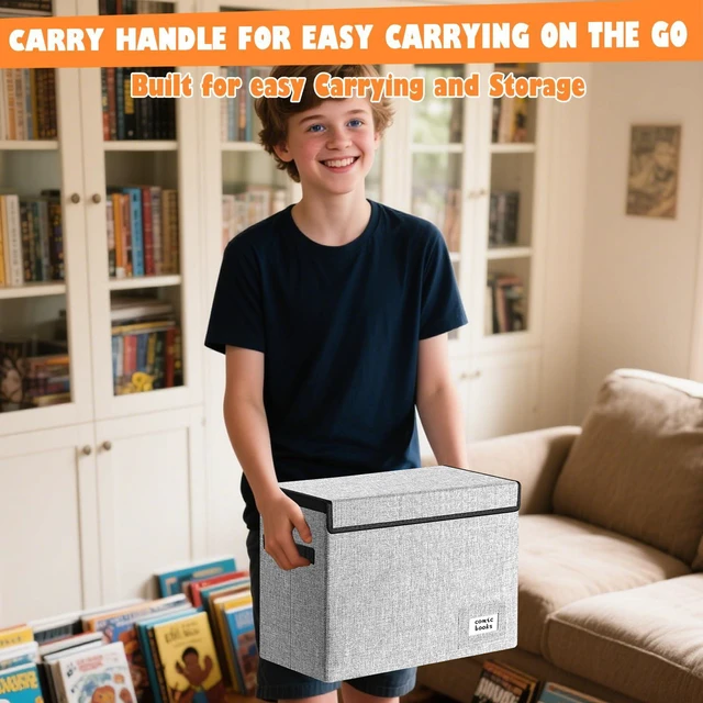 Alt view image 7 of 7 - 2 Pack Comic Book Storage, Comic Book Box 15.5" X 7.5" X 11.3" Collapsible Comic Short Box with Lids Holds 150 Comics Heavy Duty Comic Book Bin Container (Grey)