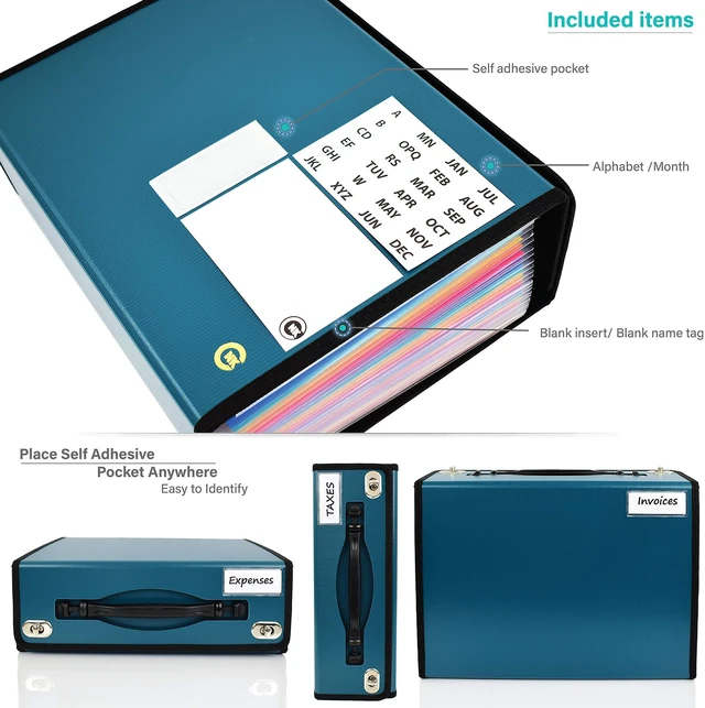 Alt view image 5 of 7 - Accordion File Organizer - 36 Pocket Teal Folder with Ergonomic Handle, Double Lock Buckles, Protects Documents, Durable Polypropylene, 8.5 x 11 in