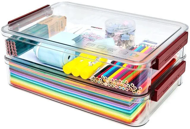 Main image of 2-Pack 9x13 Clear Plastic Project Case Stackable Storage Box 5.5Qt portable container with lids, file box for letter A4 paper, photos, documents, scrapbook, craft, art, school supplies