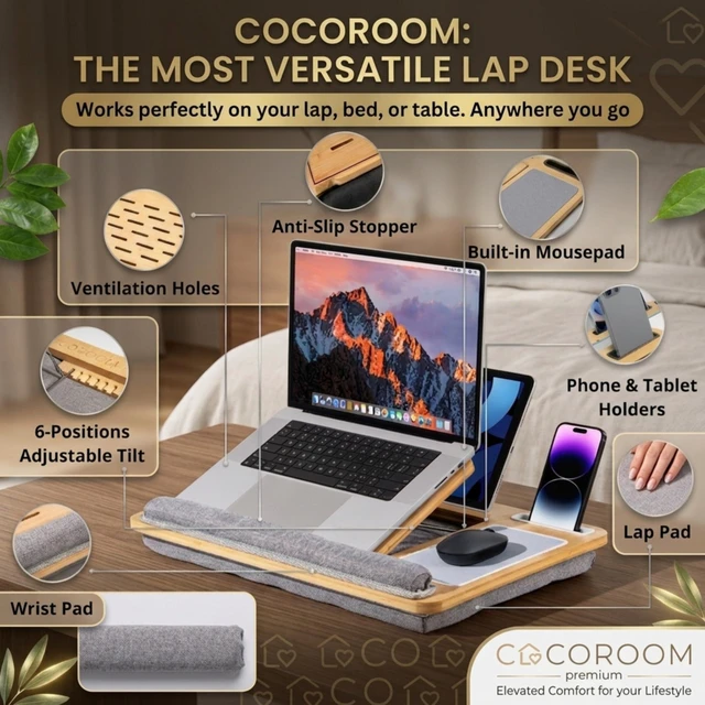 Alt view image 2 of 6 - Lap Desk for Adults, Vented 6-Angle Laptop Bed Tray Table, Gray Cushion pillow base | Phone & tablet holder | Foldable portable couch & sofa stand | Writing, reading, study, drawing, 17in