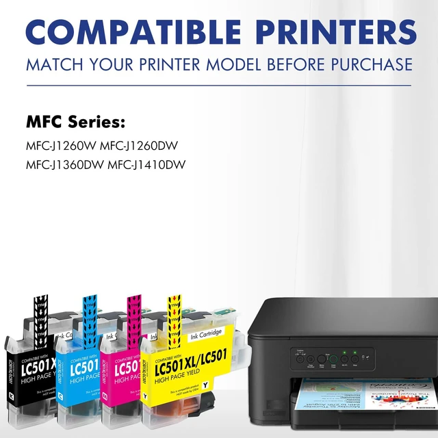 Alt view image 2 of 7 - LC501XL LC501 MFC-J1360DW Ink Cartridges for Brother Printer LC 501 XL Compatible for Brother MFC-J1410DW MFC J1360DW J1260W J1260DW J1410DW Series Printer (4 Pack Black Cyan Magenta Yellow)