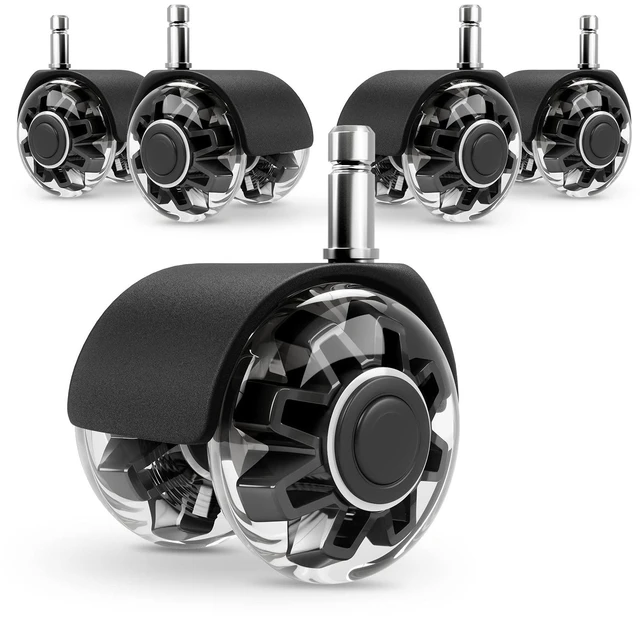 Main image of 2" Office Chair Wheels Set of 5, Black Heavy Duty Chair Caster Support 2200lbs, Mute Rubber, Universal Fit 7/16"x7/8" Stem, Smooth Quiet Rolling, Safety Protection for Hardwood, Carpet