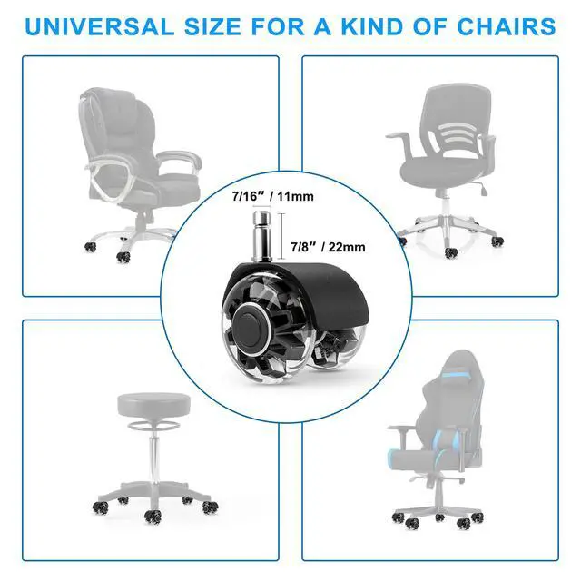 Alt view image 2 of 7 - 2" Office Chair Wheels Set of 5, Black Heavy Duty Chair Caster Support 2200lbs, Mute Rubber, Universal Fit 7/16"x7/8" Stem, Smooth Quiet Rolling, Safety Protection for Hardwood, Carpet