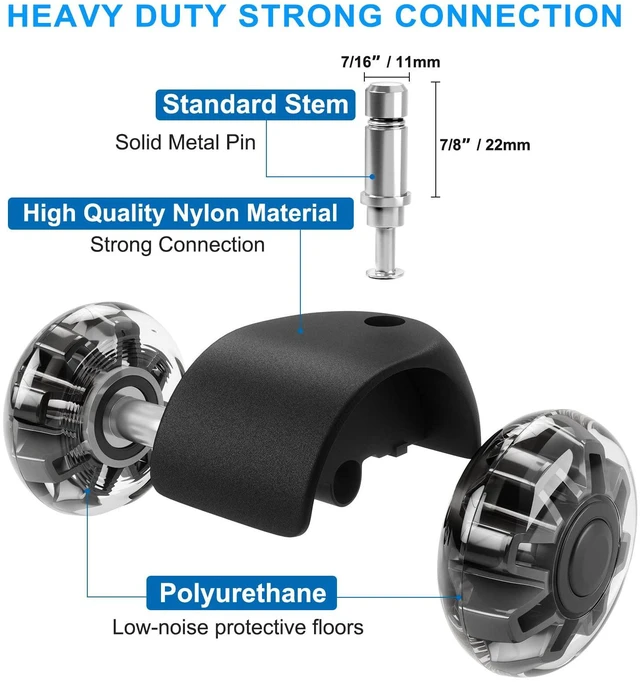 Alt view image 6 of 7 - 2" Office Chair Wheels Set of 5, Black Heavy Duty Chair Caster Support 2200lbs, Mute Rubber, Universal Fit 7/16"x7/8" Stem, Smooth Quiet Rolling, Safety Protection for Hardwood, Carpet