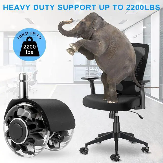 Alt view image 7 of 7 - 2" Office Chair Wheels Set of 5, Black Heavy Duty Chair Caster Support 2200lbs, Mute Rubber, Universal Fit 7/16"x7/8" Stem, Smooth Quiet Rolling, Safety Protection for Hardwood, Carpet