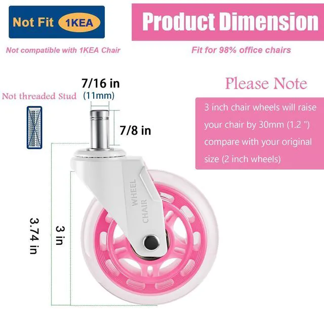 Alt view image 3 of 7 - Office Chair Caster Wheels Replacement 3 Inch Roller Blade, Set of 5 Pink Heavy Duty Quiet No Scratch Rubber Gaming Chair Wheel for Hardwood Floor Carpet, 11mm Universal Fit/Not Fit 1KEA