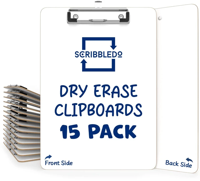 Main image of Dry Erase Clipboard for Office and School Double Sided (15 Pack) Reinforced Clip & Latch, Sturdy Hardboard Build, Smooth Erasable Surface No Residue, Lightweight Easy to Carry