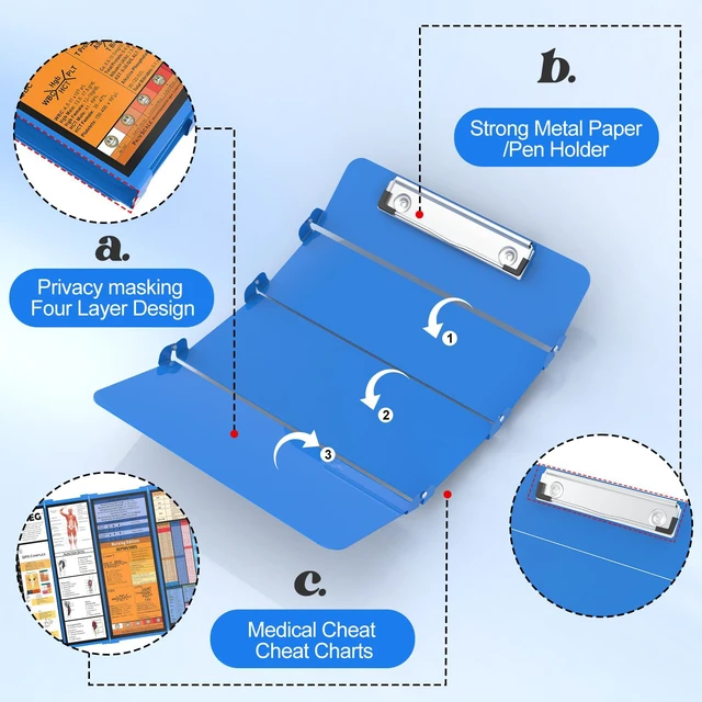 Alt view image 4 of 7 - Nursing Clipboard Foldable, 4-Fold Aluminum Pocket Size, Blue Folding Clipboard with Medical Cheat Sheets, Metal Pen Clip & Privacy Protection for Nurses, Nursing Students & Doctors