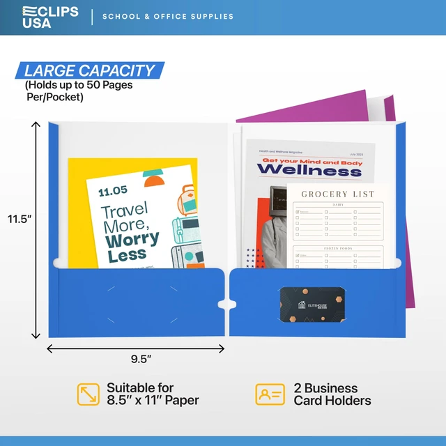 Alt view image 2 of 7 - Folders with Pockets 2 Pocket Folders Bulk, Holds 100 Sheets (50 Sheets Per Pocket) Assorted Colors Office Or School (25)