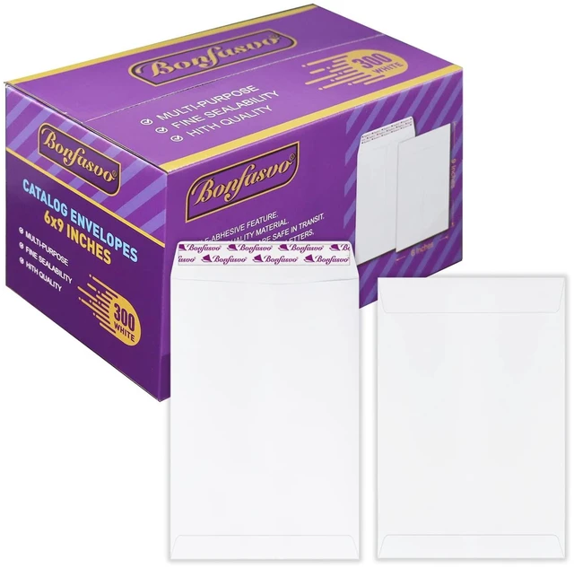 Main image of 300 Pack 6x9 White Catalog Envelopes Peel & Seal Security Mailing Envelopes 120GSM Kraft Paper self Seal Envelopes for Invitations Papers Photos Documents Pictures Papers Files