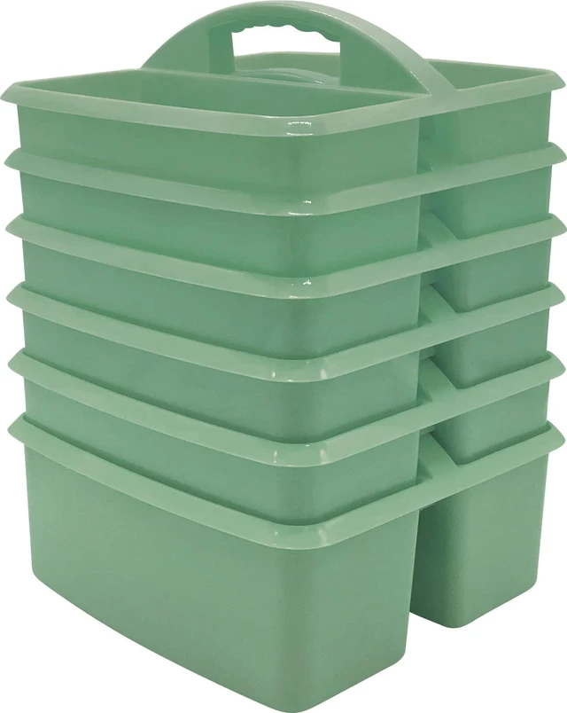 Main image of Eucalyptus Green Portable Plastic Storage Caddy 6-Pack for Classrooms, Kids Room, and Office Organization, 3 Compartments