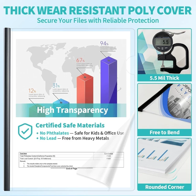 Alt view image 3 of 7 - Clear Report Covers with Sliding Bars, 70 Sheet Capacity, 40 Pack Clear Report Covers for A4 and Letter Size, 9mm Binding Bars, 5.5 Mil Thick, for Resumes, Presentations, School and Business