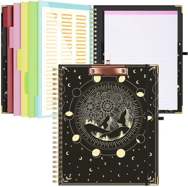 Main image of Clipboard with Storage 8.5 X 11Padfolio Organizer, Spiral Portfolio Letter Size with Notepad, Pen Holder, 5 Extra Folder Divider Pages, Elastic Closure Nurse Office Essentials (Moon)