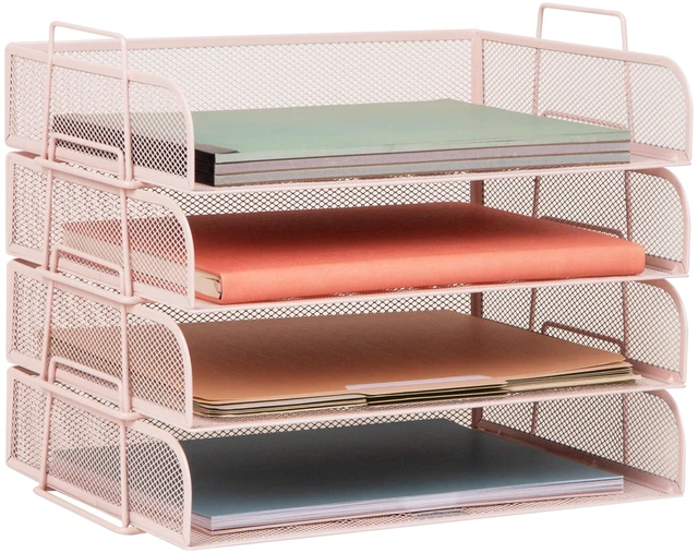 Main image of Stackable Paper Tray, Desktop Organizer, File Storage, Office, Metal Mesh, 4 Pcs., Pink