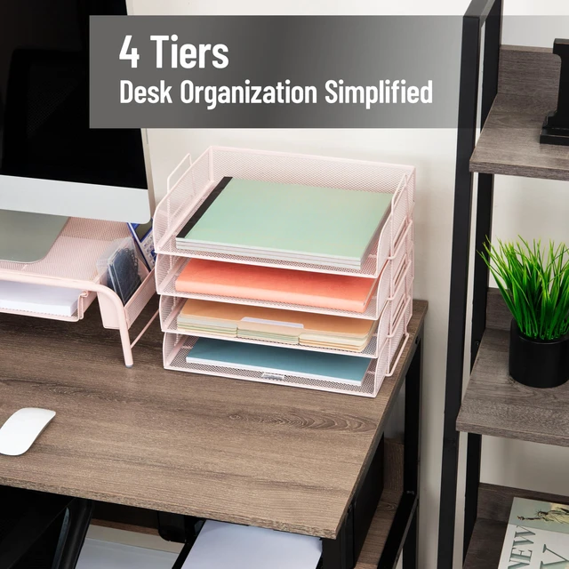 Alt view image 2 of 7 - Stackable Paper Tray, Desktop Organizer, File Storage, Office, Metal Mesh, 4 Pcs., Pink