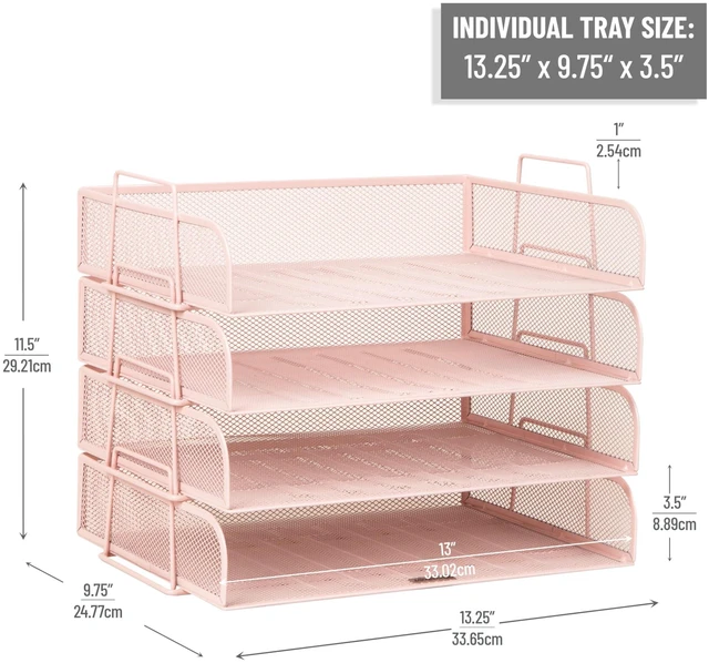 Alt view image 3 of 7 - Stackable Paper Tray, Desktop Organizer, File Storage, Office, Metal Mesh, 4 Pcs., Pink