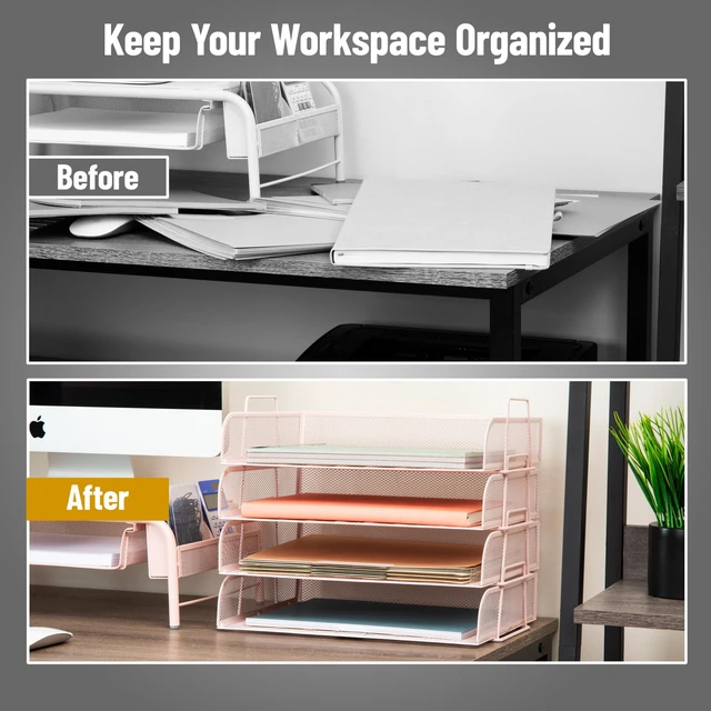 Alt view image 5 of 7 - Stackable Paper Tray, Desktop Organizer, File Storage, Office, Metal Mesh, 4 Pcs., Pink