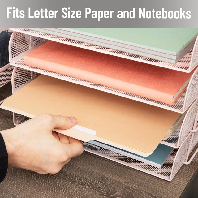 Alt view image 6 of 7 - Stackable Paper Tray, Desktop Organizer, File Storage, Office, Metal Mesh, 4 Pcs., Pink