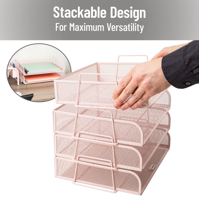 Alt view image 4 of 7 - Stackable Paper Tray, Desktop Organizer, File Storage, Office, Metal Mesh, 4 Pcs., Pink