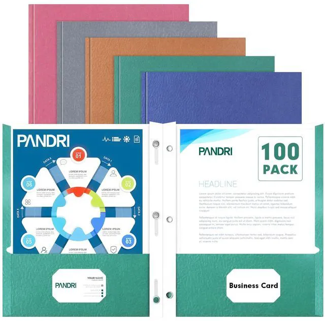 Main image of 100 Pack Two Pocket Paper Folders with Prongs, Letter Size, 5 Colors 3 Prong Folders with Pockets, Paper, 3 Hole Punched, For School, Office, Home, Business