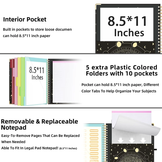 Alt view image 3 of 6 - Clipboard with Storage 8.5 X 11Padfolio Organizer, Spiral Portfolio Letter Size with Notepad, Pen Holder, 5 Extra Folder Divider Pages, Elastic Closure Nurse Office Essentials (Moon)