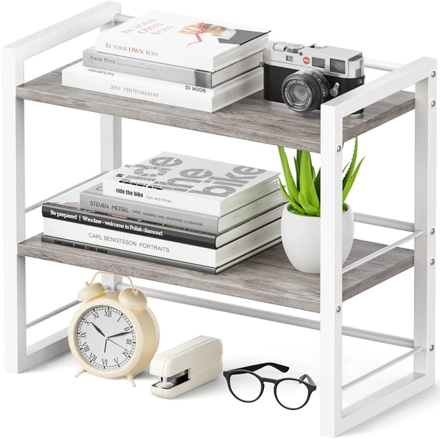 Main image of Office Desk Shelf Organizer, Wood Desktop Bookshelf Supplies Storage Rack, Shelf for Top of Desk and Dresser (Grey-2 Tier)