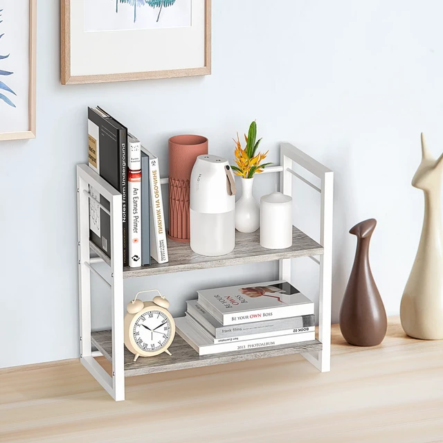 Alt view image 2 of 7 - Office Desk Shelf Organizer, Wood Desktop Bookshelf Supplies Storage Rack, Shelf for Top of Desk and Dresser (Grey-2 Tier)
