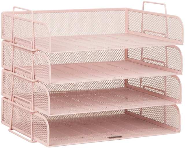 Alt view image 7 of 7 - Stackable Paper Tray, Desktop Organizer, File Storage, Office, Metal Mesh, 4 Pcs., Pink