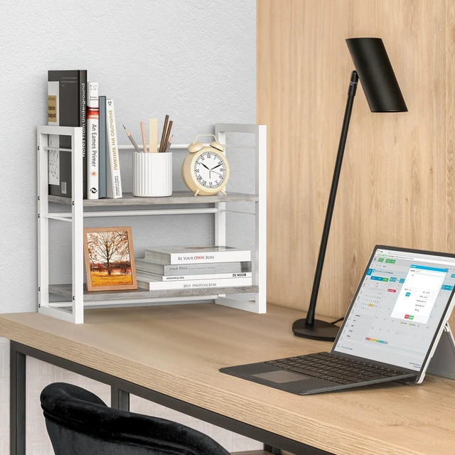 Alt view image 5 of 7 - Office Desk Shelf Organizer, Wood Desktop Bookshelf Supplies Storage Rack, Shelf for Top of Desk and Dresser (Grey-2 Tier)