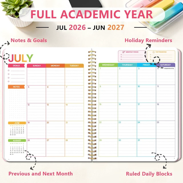 Alt view image 3 of 7 - Large Cute School Planner 2026-2027, Pink Spiral Student Organizer, Jul. 2026 - Jun. 2027, 8.3" x 10.9", Colorful Calendar Pages with Plastic Cover